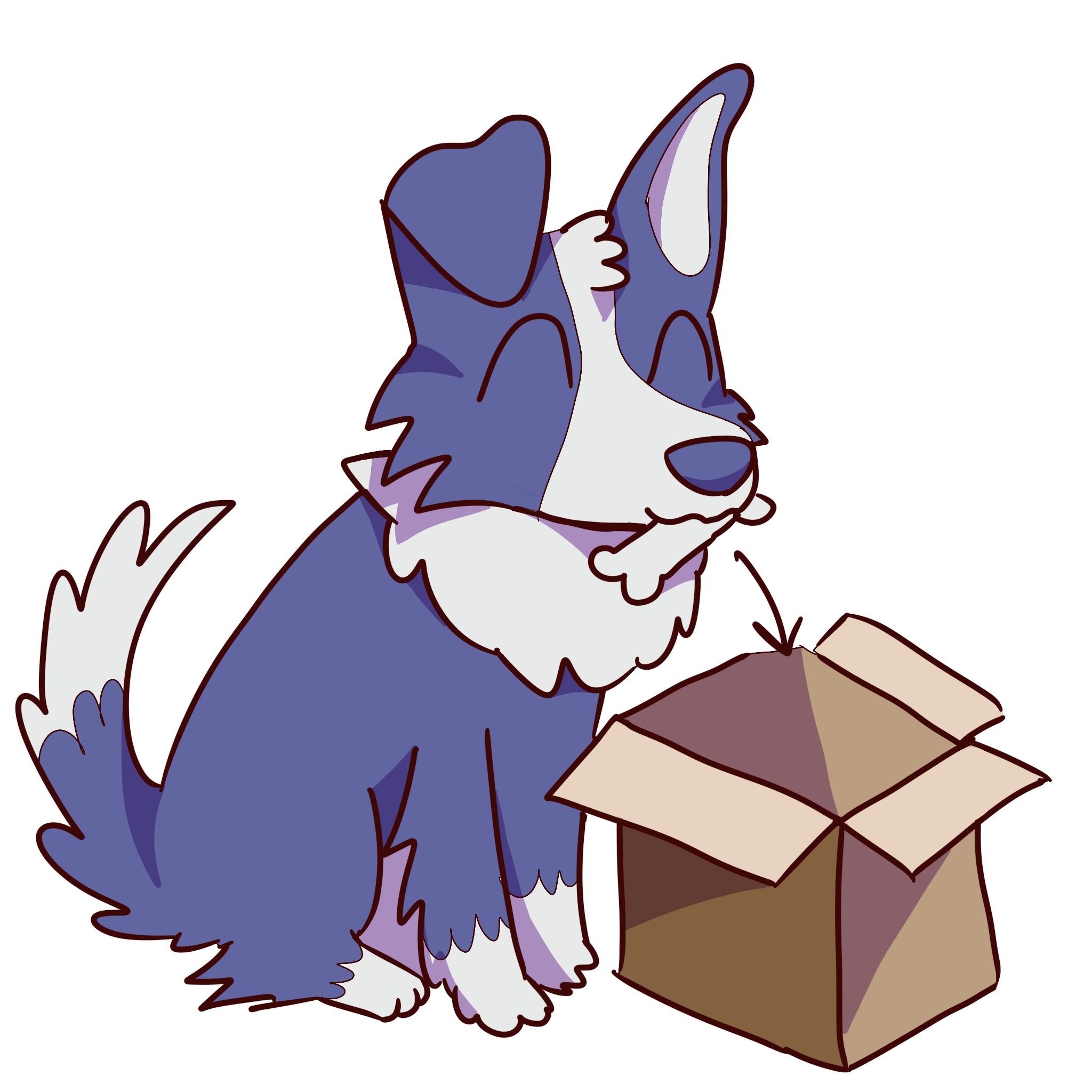 a blue dog puts a bone in a cardboard box